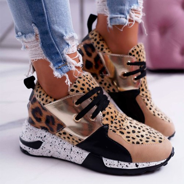 Women's Animal Print Sneakers - Round Toes / Front Laces / Leopard / Brown